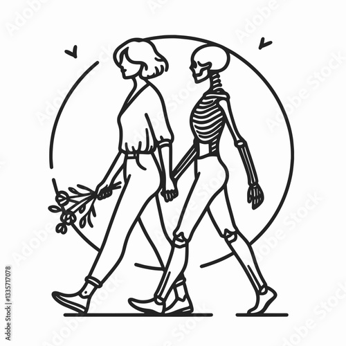 Skeleton lesbian couple walking together minimalist silhouette graphic depicting a ghostly romantic stroll.