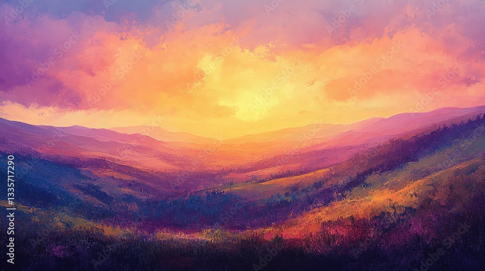 Obraz premium Painted Sunrise Over Mountains: A breathtaking, artistic representation of a sunrise over a range of mountains, featuring a vibrant palette of colors and soft brushstrokes.