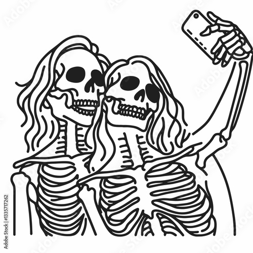 Skeleton lesbian couple taking a selfie a minimalist monochrome doodle graphic depicting spooky romance