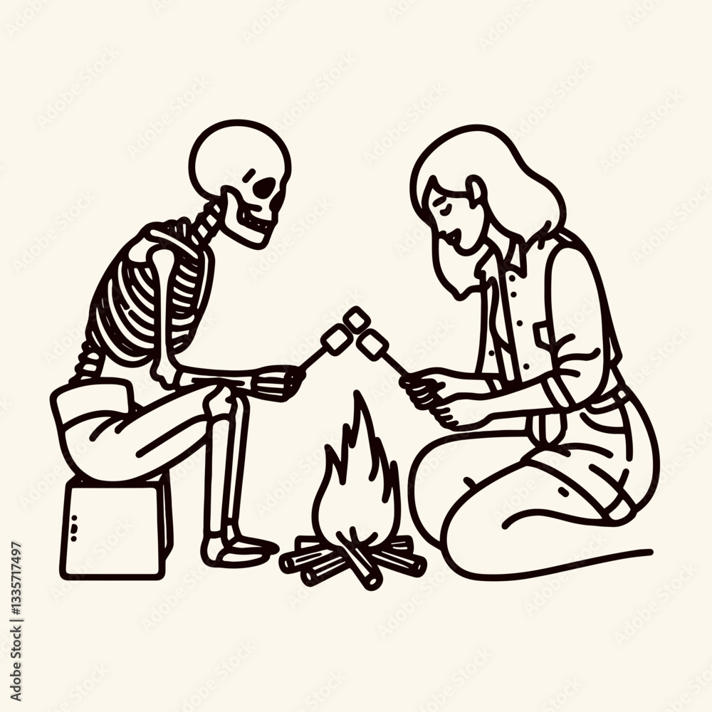 Skeleton lesbian couple roasting marshmallows a minimalist silhouette vector drawing depicts spooky sweet love. Skeleton lesbian couple roasting marshmallows a minimalist silhouette vector drawing depicts spooky sweet love.