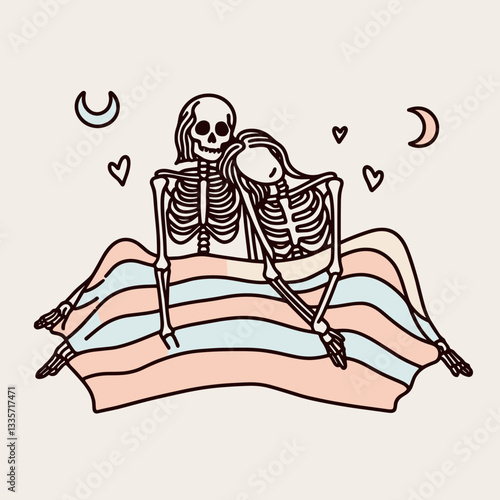 Skeleton lesbian couple sharing a blanket minimalist monochrome drawing depicts a tender embrace