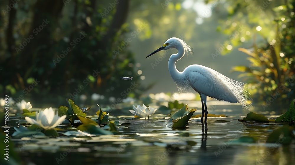 Naklejka premium Serene Snowy Egret in Lily Pad Haven: A Digital Masterpiece