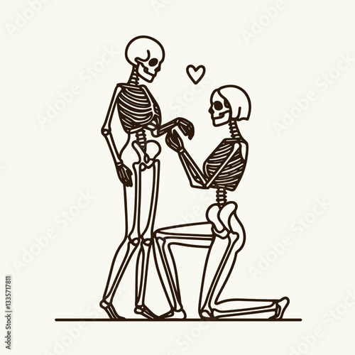 Skeleton lesbian couple proposal pose minimalist silhouette drawing depicts a romantic moment