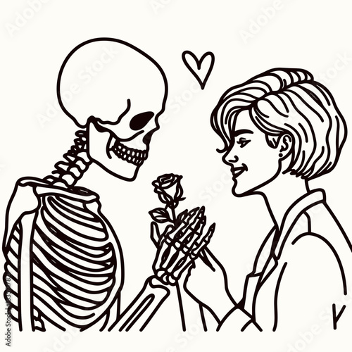 Skeleton lesbian couple proposal moment a minimalist silhouette drawing depicts their romantic vow exchange.