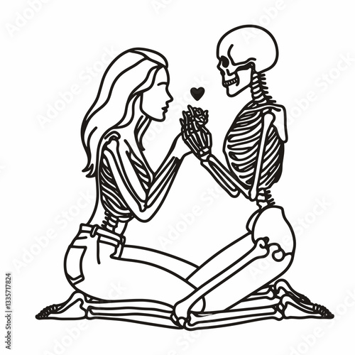 Skeleton lesbian couple proposal moment: a minimalist silhouette drawing depicts their heartfelt union.