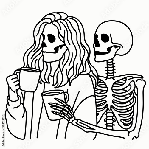 Skeleton lesbian couple hold coffee mug drink coffee minimalist vector outline drawing depicts a quiet morning.