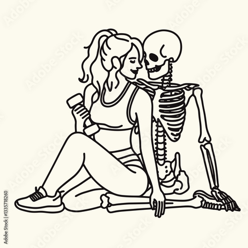 Skeleton lesbian couple exercising together minimalist silhouette drawing shows strength and love