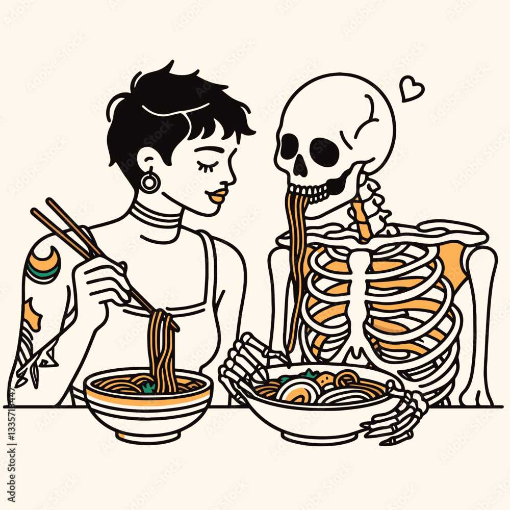 Skeleton lesbian couple eat ramen; a minimalist monochrome vector drawing depicts their cozy noodle night. Skeleton lesbian couple eat ramen; a minimalist monochrome vector drawing depicts their cozy noodle night.