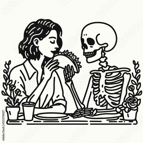Skeleton lesbian couple eat taco minimalist silhouette drawing a spooky Día de Muertos feast