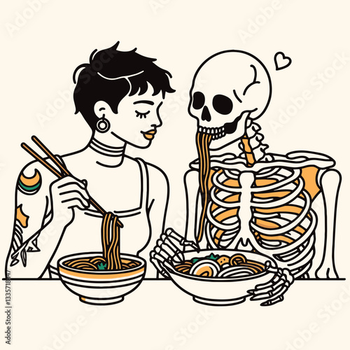 Skeleton lesbian couple eat ramen; a minimalist monochrome vector drawing depicts their cozy noodle night.