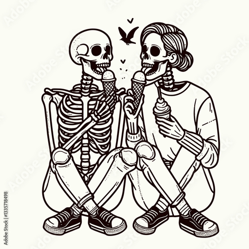 Skeleton lesbian couple eat ice cream; a simple monochrome vector drawing depicts their summer joy.