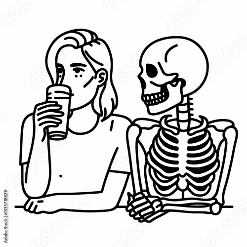 Skeleton lesbian couple drink beer minimalist silhouette;  a spooky night out for two.