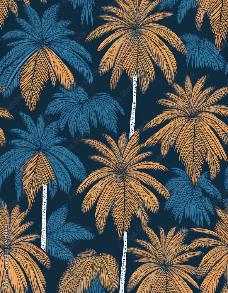 Fototapeta premium Hand drawn palm tree seamless pattern illustration set. Hawaiian print collection, summer vacation background in vintage art style. Tropical plant painting wallpaper texture