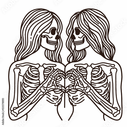 Skeleton lesbian couple vector outline drawing a minimalist heart shape symbolizing love and unity.
