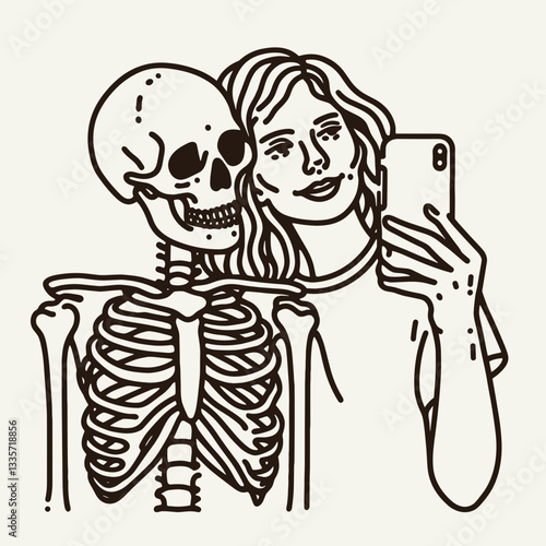 Skeleton lesbian couple selfie minimalist vector drawing a spooky romantic moment
