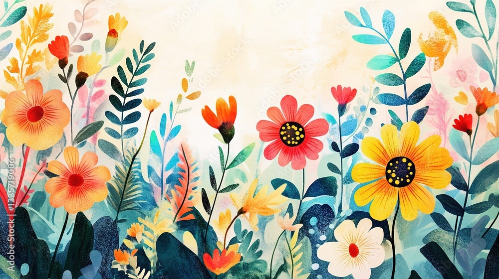 Obraz premium Floral Fantasy: A vibrant watercolor illustration bursts with a colorful array of flowers, leaves and foliage, conveying a sense of springtime joy and natural beauty.