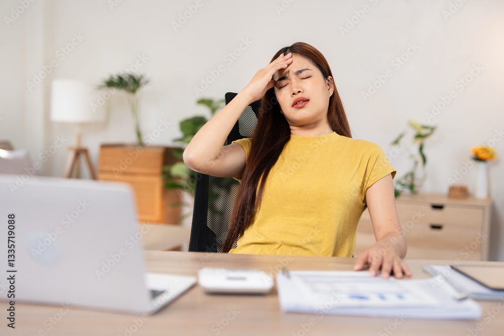 Young asian business woman feeling stress and tired from work sitting on the chair about constant headaches a migraine of working hard at office. Young asian business woman feeling stress and tired from work sitting on the chair about constant headaches a migraine of working hard at office.