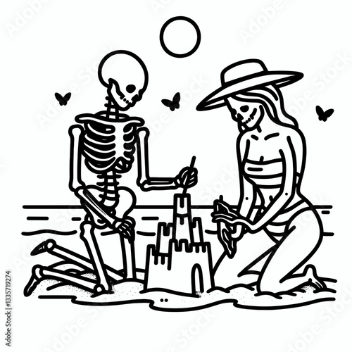 Skeleton lesbian couple building a sandcastle: a minimalist vector drawing of their spooky seaside fun.