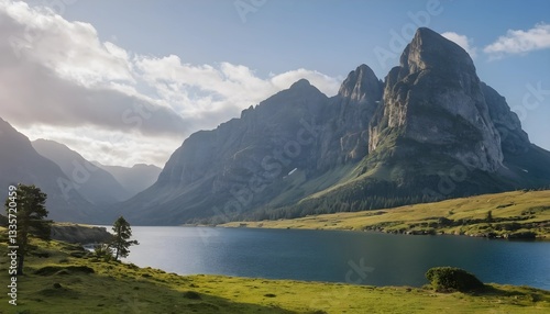 Scenic lake surrounded by mountains and forests in Banff National Park Canada photo