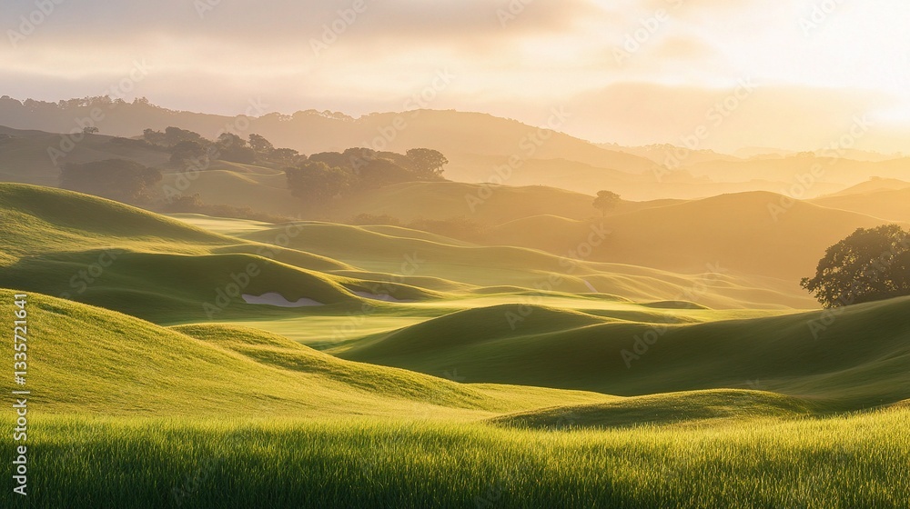 Obraz premium Golden Hour on Rolling Hills: Capturing the serene beauty of nature, this photograph depicts rolling green hills bathed in the warm glow of the golden hour.