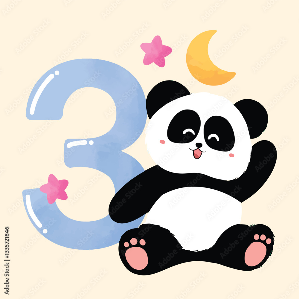 Panda cute drawing with number three hand drawn illustration Panda cute drawing with number three hand drawn illustration
