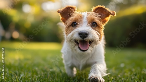 Happy Small Dog Running in Green Grass Outdoors Pet Portrait
