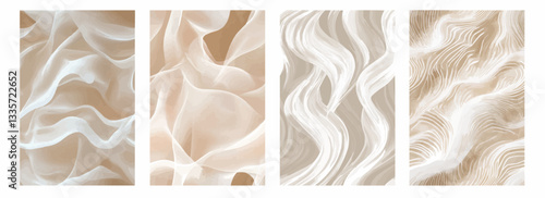 Vector pattern set of flowing white wave like strokes on a light taupe beige background