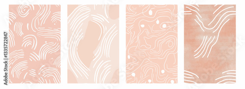 Vector pattern set of minimal curved white doodles on a pale blush background