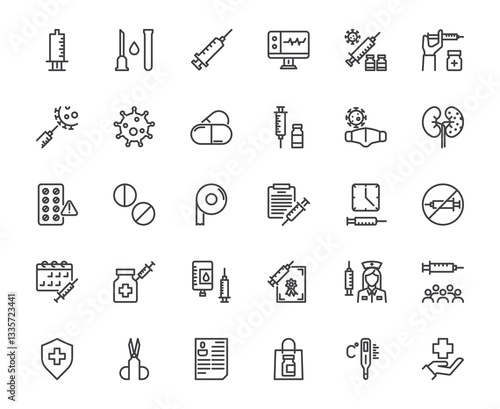 Vector icon set of doctor syringe and related things, hospital medical and nurse pill concept ,48x48 pixel perfect editable stroke line for website, mobile app, ux, ui design transparent background
