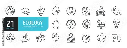 Set of line icons related to ecology, environmental, renewable energy, sustainbility. Outline icons collection. Editable stroke. Vector illustration