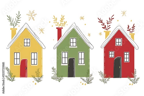 Festive winter houses, snowy scene