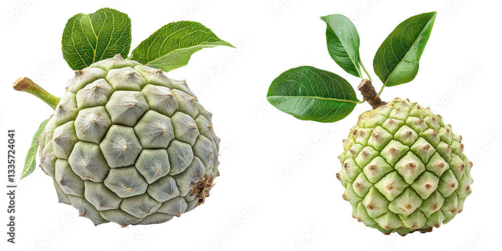 Fototapeta premium Two green fruit with textured skin and leaves, showcasing unique shapes and sizes.