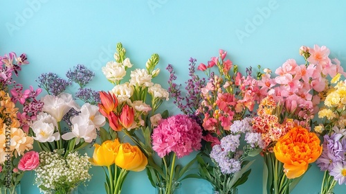 Wallpaper Mural Floral Symphony: A vibrant collection of diverse flowers, arranged in a harmonious display of colors and forms, presented against a soothing background, creating an artistic and elegant appeal. Torontodigital.ca