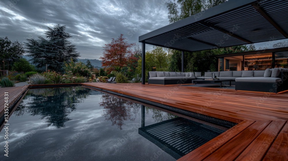 Fototapeta premium Luxury Outdoor Poolside Design Teak Deck Pergola Evening Tranquility