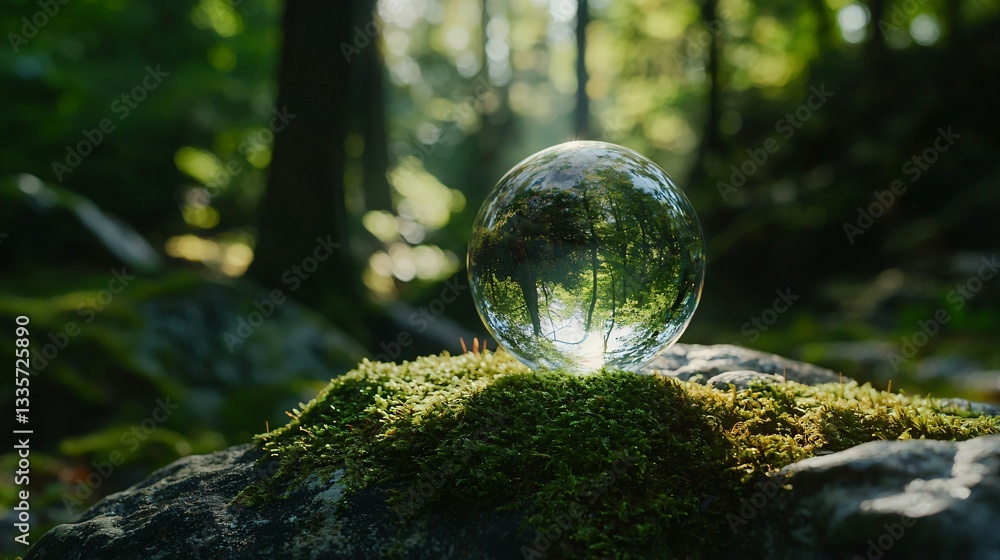 Glass globe on mossy rock in a lush forest, symbolizing environmental harmony and natural balance. Glass globe on mossy rock in a lush forest, symbolizing environmental harmony and natural balance.