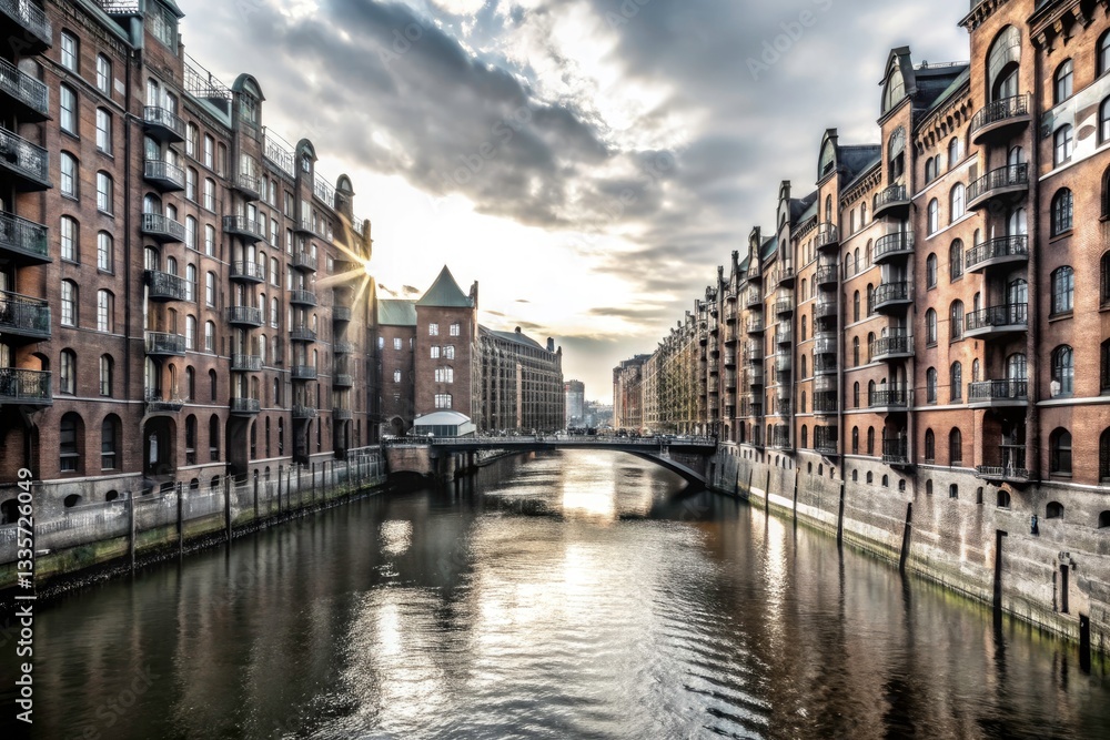 Naklejka premium Hamburg Canal Photography: Stunning Old Town Waterways, Picturesque Bridges, Historic Architecture, Romantic Scenery, German Cityscape