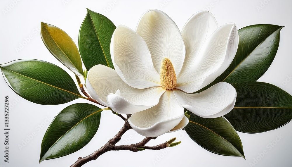 botanical illustration featuring a blooming white magnolia flower with vibrant green leaves on a delicate branch against a white backdrop botanical illustration featuring a blooming white magnolia flower with vibrant green leaves on a delicate branch against a white backdrop