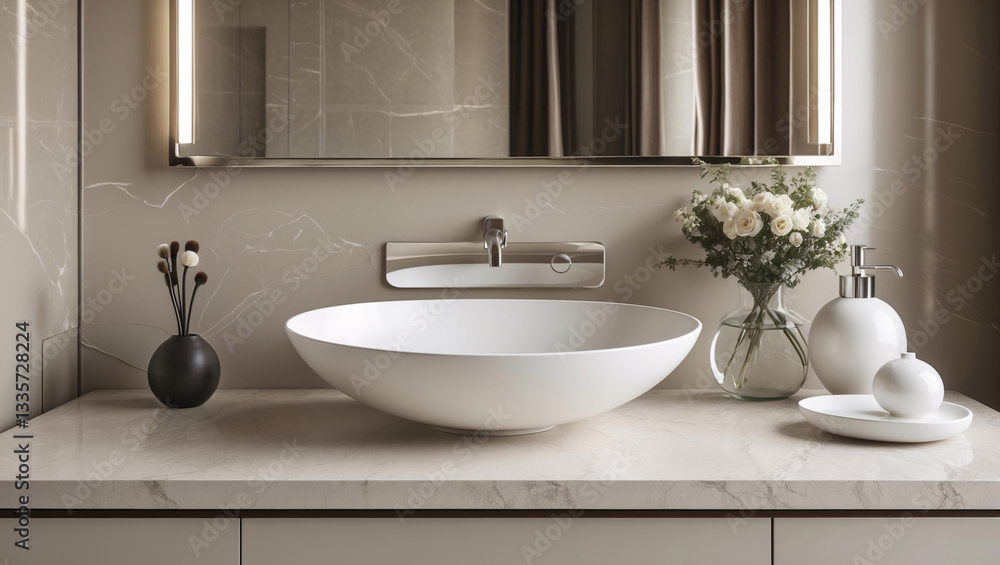 Fototapeta premium Chic modern toilet wash basin design in hotel or luxurious apartment bathroom featuring clean lines and stylish finishes Modern Interior Design Inspiration