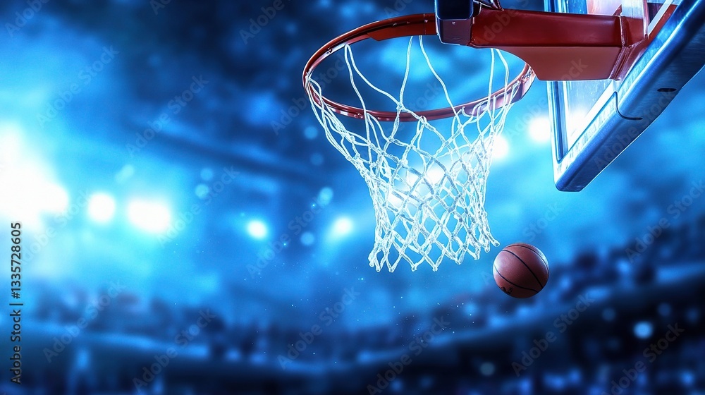 Basketball Swish: A basketball smoothly passing through the net during a dramatic game, captured in a dynamic, low-angle shot that showcases the energy of the stadium. Basketball Swish: A basketball smoothly passing through the net during a dramatic game, captured in a dynamic, low-angle shot that showcases the energy of the stadium.