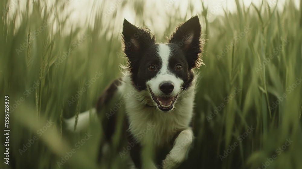 A black and white dog is running through tall grass A black and white dog is running through tall grass