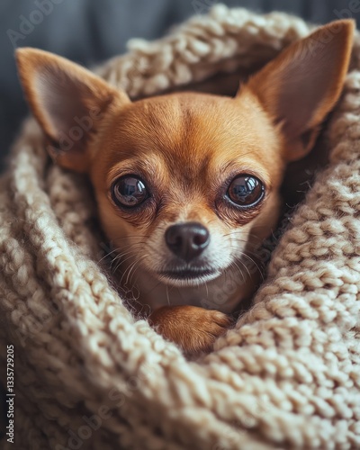 A small brown dog is curled up in a blanket