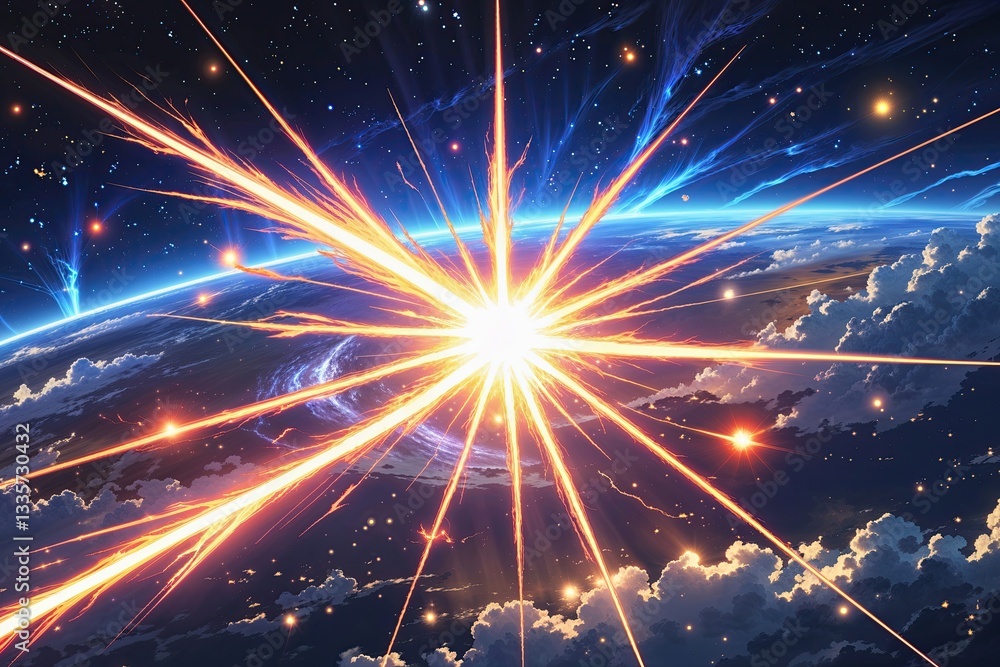 Naklejka premium Vibrant Solar Flare Explosion in Anime World with Dynamic Light and Energy Effects