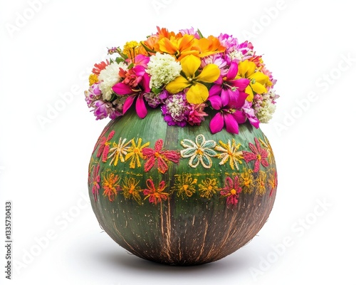 A vase with a colorful flower arrangement sits on a white background