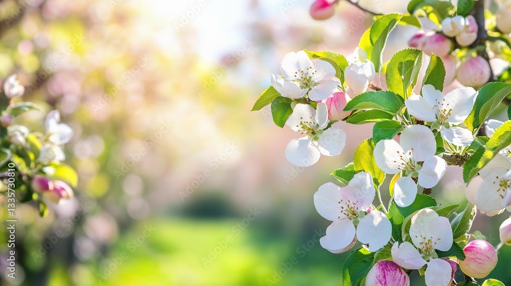 Fototapeta premium Blossom's Radiance: The image showcases delicate apple blossoms in full bloom, bathed in the soft glow of sunlight, evoking a sense of spring awakening and natural beauty. 