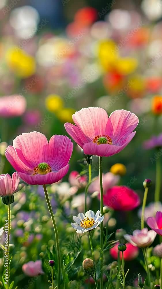Vibrant spring flowers bloom in a colorful garden filled with various blossoms under bright sunlight Vibrant spring flowers bloom in a colorful garden filled with various blossoms under bright sunlight