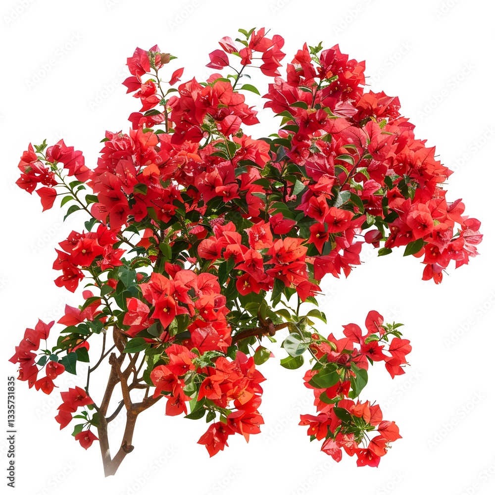 Fototapeta premium Vibrant Red Bougainvillea Blossoms on Green Foliage Background