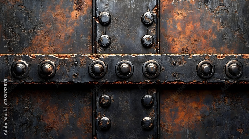 Close-up view of weathered metal texture featuring rivets and rust, showcasing industrial design elements and aged surface details Close-up view of weathered metal texture featuring rivets and rust, showcasing industrial design elements and aged surface details