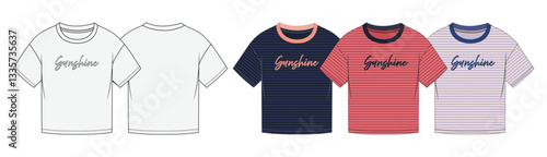 Illustration of a girls wear T-shirt, toddler kids, fashion flat sketch, vector illustration, cad, technical drawing, flat drawing, template, mockup.
