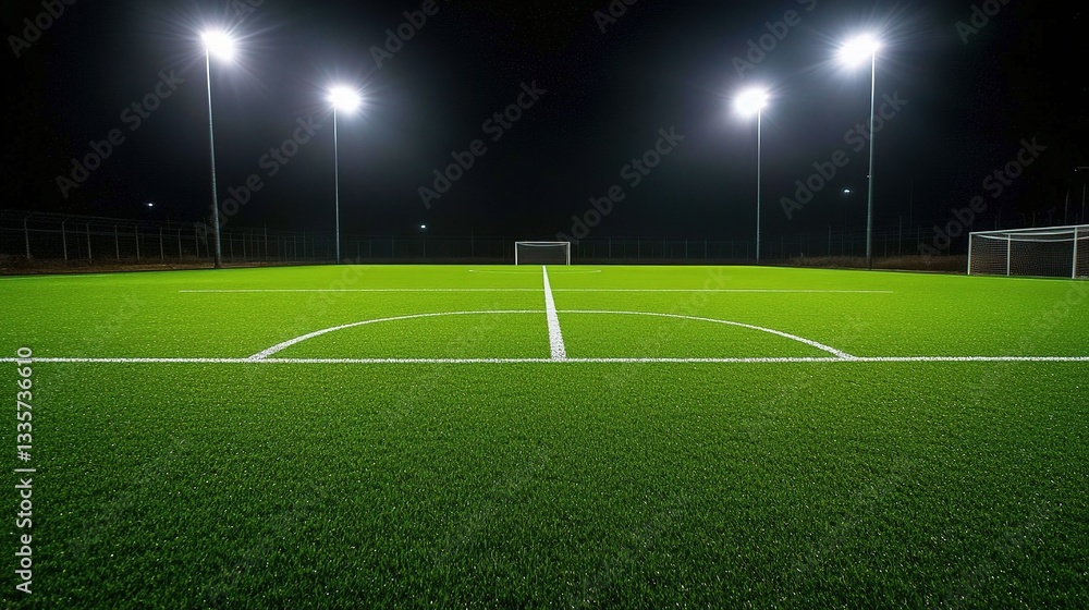 Fototapeta premium Nighttime Soccer Field: The image captures the emptiness of a soccer field at night. Bathed in the glow of stadium lights, the meticulously groomed grass reveals the absence of players.