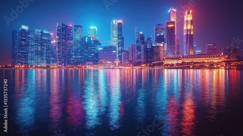 Wallpaper Mural Night View of Singapore Skyline with Water Reflection Torontodigital.ca